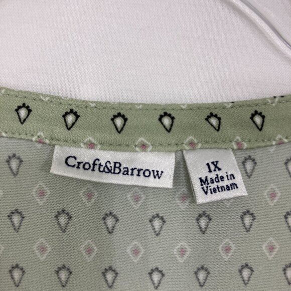Croft & Barrow size 1X Green Sage Geometric Print Stretch Short Sleeve Button Up - Picture 2 of 9